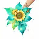 one sunflower on wrist, peacock feather wrapped around elbow, honeycomb with 2 bees, 2 butterflies tattoo design idea