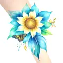 one sunflower on wrist, peacock feather wrapped around elbow, honeycomb with 2 bees, 2 butterflies tattoo design idea