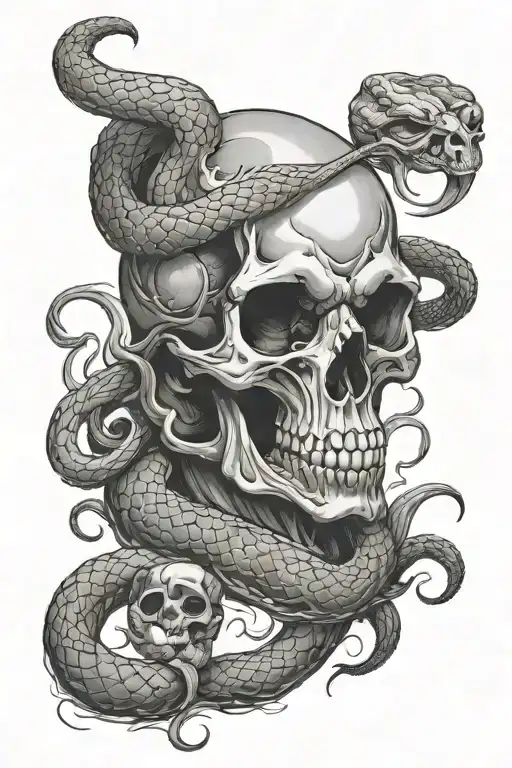 mythical snake wrapped around a skull biting on the snake tattoo design idea