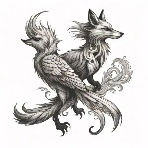 a fox and a phoenix playing together tattoo design idea