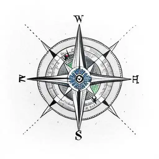 A compass with a bear in the center. An arrow at north, a heart on west, an anchor at south, and a stop watch on east.   tattoo design idea