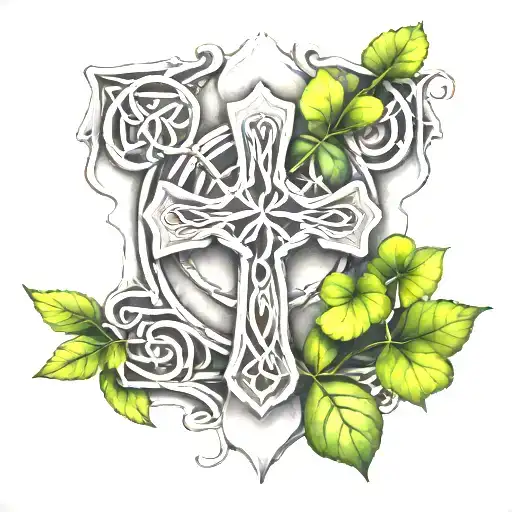 black and white Tattoo of a big  celtic cross with clovers growing out of the cracks of the cross  tattoo design idea