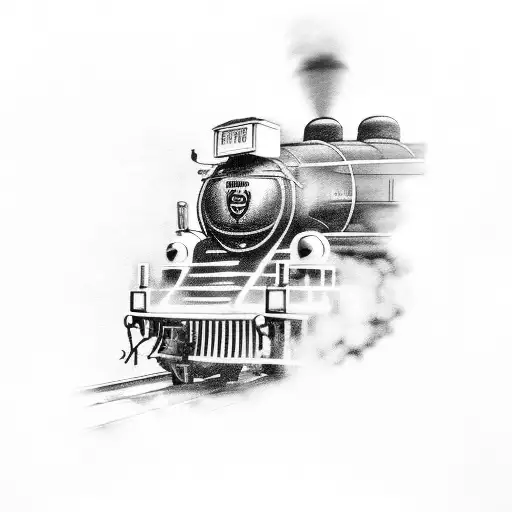 A black and white steam train, with red geraniums tattoo design idea
