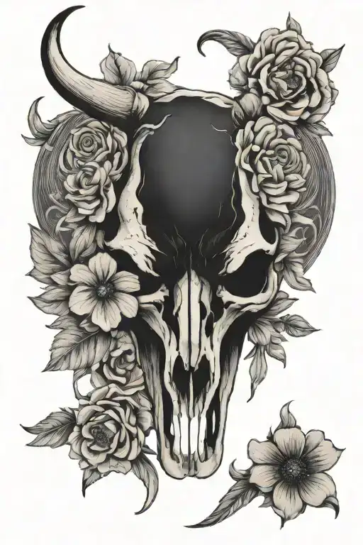 yin and yang symbol, tx longhorn skull with flowers tattoo design idea