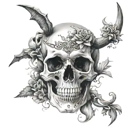 Black and white realistic skull tattoo. The inside of the tattoo is a collage with unicorns, Taurus zodiac, and a kids d tattoo design idea