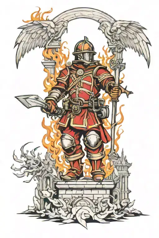 Saint florian firefighter battling flames gothic architecture  tattoo design idea