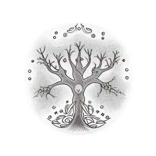 A traditional tattoo design of the tree of life with the chakras depicted as small, circular symbols embedded within the roots and branches tattoo design idea