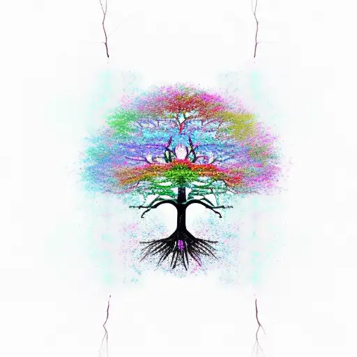 A new-school design of a tree with roots representing the lower chakras and branches symbolizing the higher chakras tattoo design idea