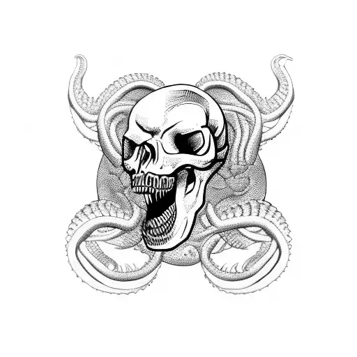 A fierce snake coiled around a skull with a sinister grin tattoo design idea