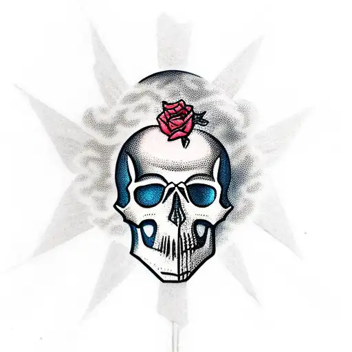 skull with roses . cross on top of skull with rays of light coming out the center with clouds. tattoo design idea