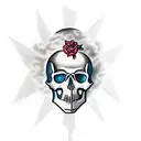 skull with roses . cross on top of skull with rays of light coming out the center with clouds. tattoo design idea