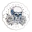 skull with roses . cross on top of skull with rays of light coming out the center with clouds. tattoo design idea