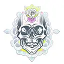 skull with roses . cross on top of skull with rays of light coming out the center with clouds. tattoo design idea