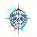 skull with roses . cross on top of skull with rays of light coming out the center with clouds. tattoo design idea
