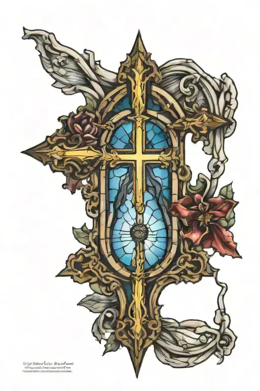 arched window staind glass with catholic cross inside  tattoo design idea