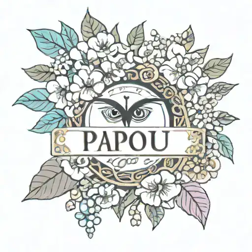 Combine the evil eye symbol with a bouquet of bougainvillea flowers and the word papou   tattoo design idea