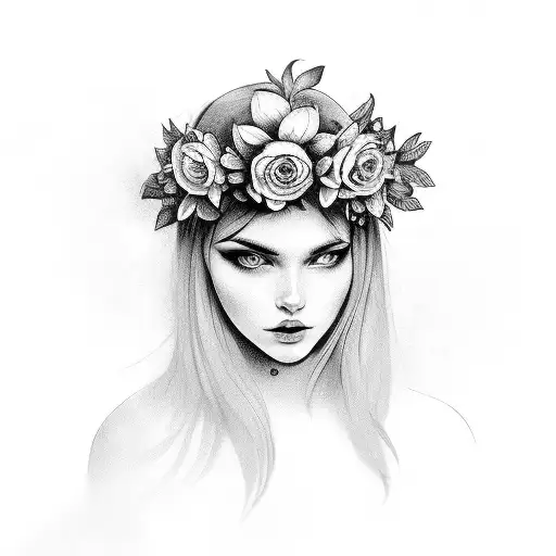 Black And Grey Slavic Girl With Flower Crown Tattoo Idea Blackink Ai