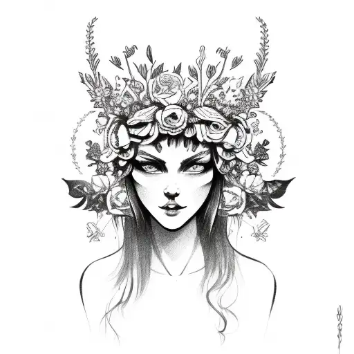 Slavic demon with flower crown tattoo design idea
