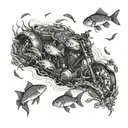 An intricate underwater scene with a school of fish swimming around a motorcycle at the bottom of the ocean tattoo design idea