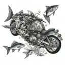 An intricate underwater scene with a school of fish swimming around a motorcycle at the bottom of the ocean tattoo design idea