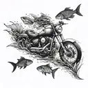 An intricate underwater scene with a school of fish swimming around a motorcycle at the bottom of the ocean tattoo design idea