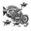 An intricate underwater scene with a school of fish swimming around a motorcycle at the bottom of the ocean tattoo design idea