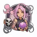 black and pink haired latina girl dressed in black holding a purple orb valorant tattoo design idea