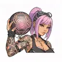 black and pink haired latina girl dressed in black holding a purple orb valorant tattoo design idea