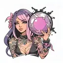 black and pink haired latina girl dressed in black holding a purple orb valorant tattoo design idea