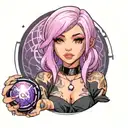 black and pink haired latina girl dressed in black holding a purple orb valorant tattoo design idea