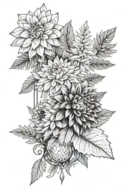 dahlias and ferns sticking out around quartz crystals tattoo design idea
