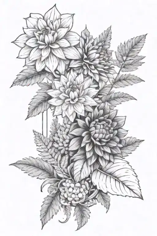 dahlias and ferns sticking out around quartz crystals tattoo design idea
