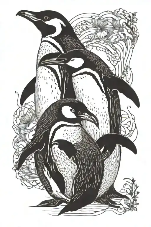 family of 5 penguins loving each other soulmates tattoo design idea