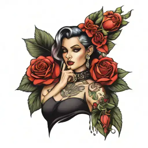 girl, roses, brush dollars and Versace tattoo design idea