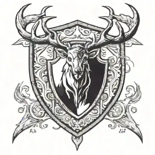 shield with two crossed swords behind it a stags head at the top of the shield and anvil centered on the shield tattoo design idea