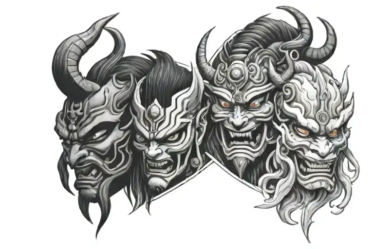 oni mask split in half and shiva with third eyes surrounded tattoo design idea
