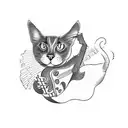A blackwork tattoo of a cat playing a guitar in a Spanish flamenco style tattoo design idea