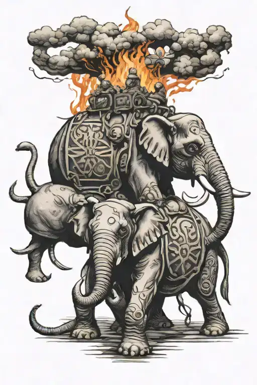 battle elephant and fallen soldiers and fire tattoo design idea