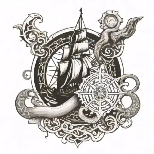 the kraken wrapped around a Nordic compass design tattoo design idea
