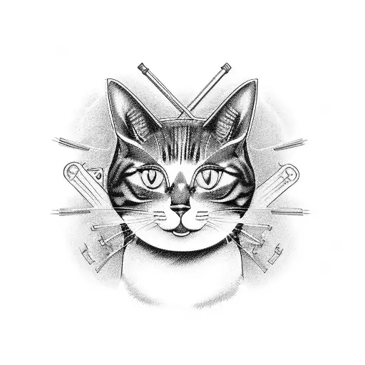A Japanese-inspired black and grey tattoo of a mechanic cat holding a wrench tattoo design idea