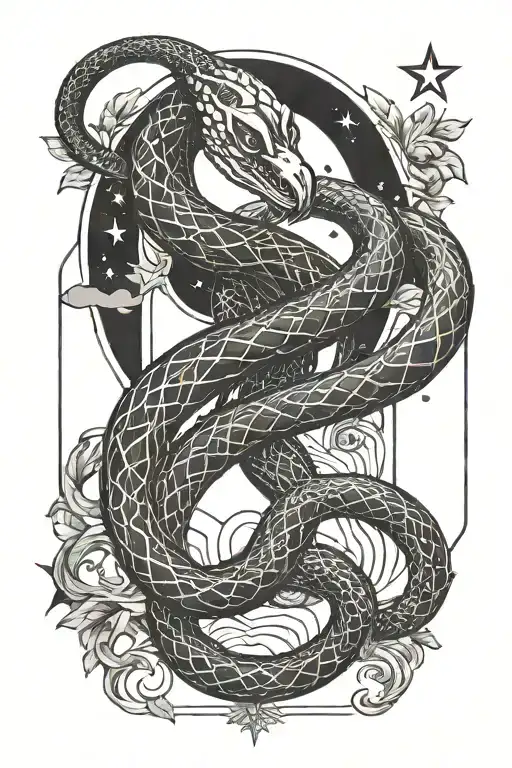 A tarot card design featuring a snake intertwined with the symbols of the moon and stars tattoo design idea