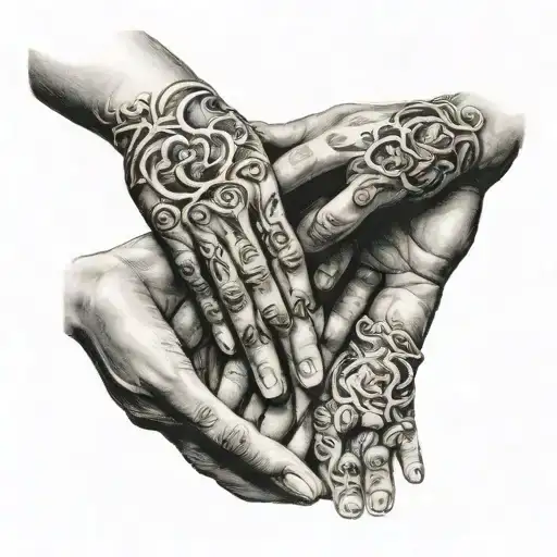 a mother and a two daughters holding hands reaching tattoo design idea