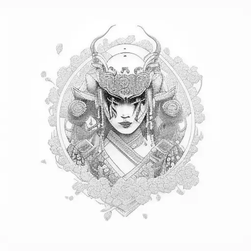 An intricate tattoo design combining elements of a beautiful woman and a powerful samurai warrior tattoo design idea