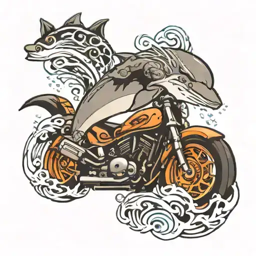 dolphin, catfish, motorcycle  tattoo design idea