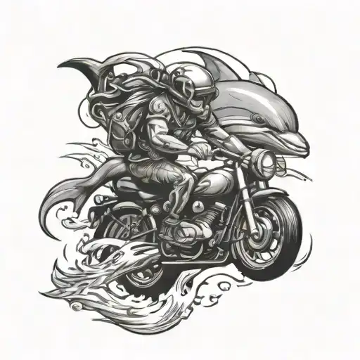 dolphin and a catfish riding a motorcycle  tattoo design idea