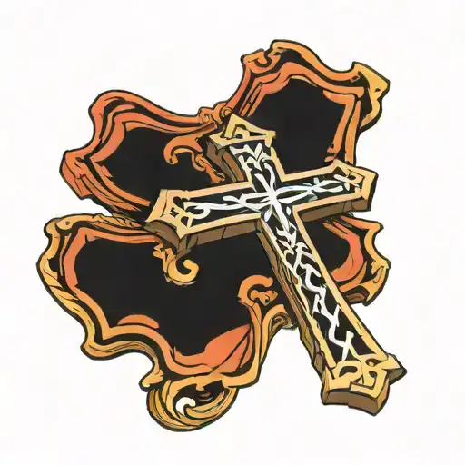 Orthodox cross with latin phrase 'Fortitudune vincimus' tattoo design idea