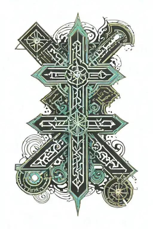 Orthodox cross with latin phrase 'Fortitudune vincimus' tattoo design idea