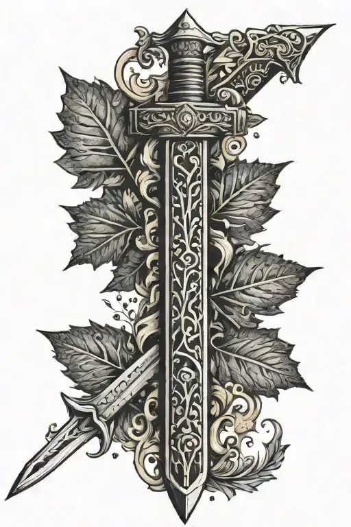 Sword, oak leaves and the saying "Acta non verba" tattoo design idea