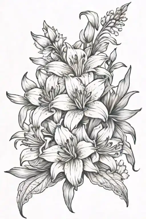 back tattoo with lily flowers, gladioli, marigolds and daffodils tattoo design idea