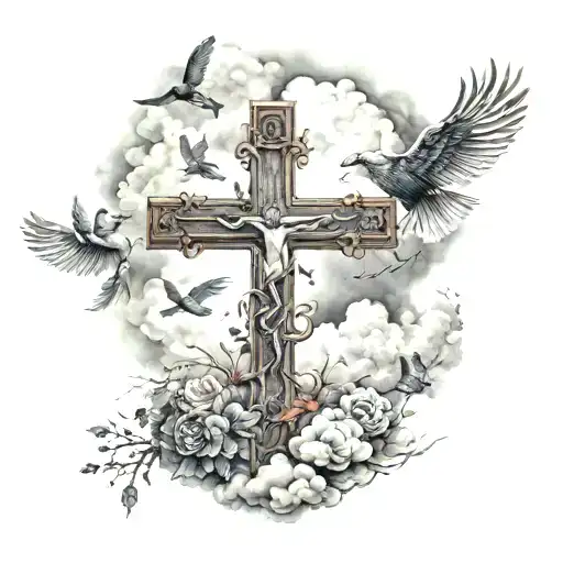 cross, clouds, birds and Roman's 8:18 tattoo design idea